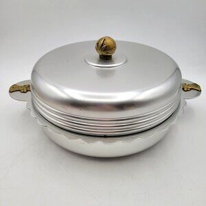 Kensington Ware Covered Serving Casserole Dish Aluminum w/ Brass Wheat Handles
